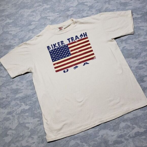 Vintage Biker Trash Shirt Adult Large Beige Flag Made USA 1996 Single‎ Stitch - Picture 2 of 6